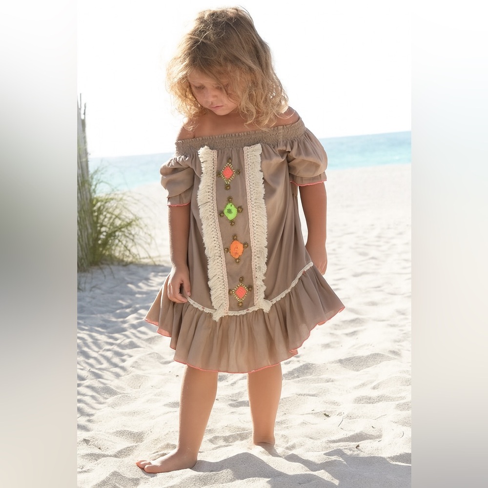 Girls Size 5/6 Dress, Bead Detailing, Tan, Neon, (5/6), Skemo